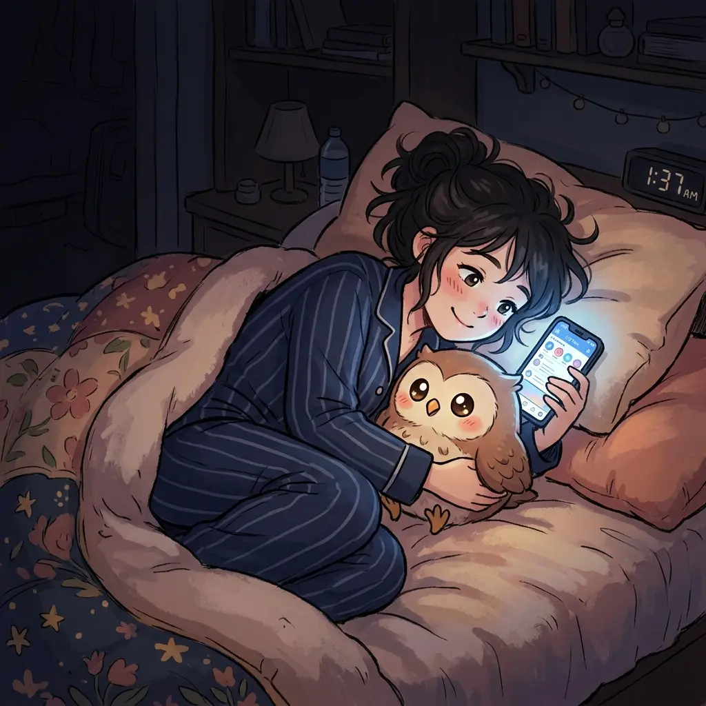어두운 밤, 침대에 누워 스마트폰을 보며 미소 짓는 사람과 그 옆에 귀여운 🦉 부엉이 캐릭터가 함께 밤을 새우는 포근한 일러스트