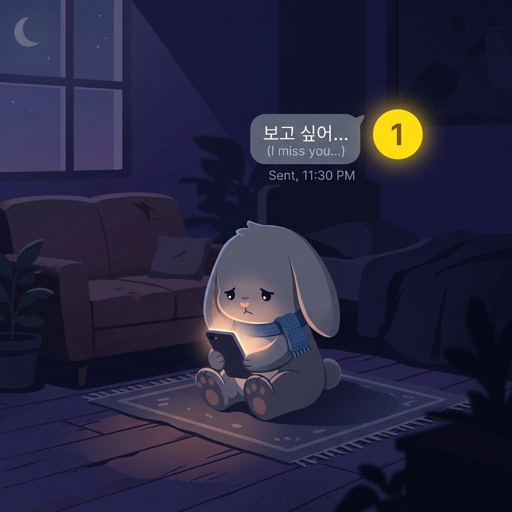토끼 캐릭터가 어두운 방에 앉아 '보고 싶어...'라고 보낸 카톡 메시지 옆에 지워지지 않는 노란색 숫자 '1'이 표시된 스마트폰 화면을 쓸쓸하게 바라보고 있는 귀여운 일러스트